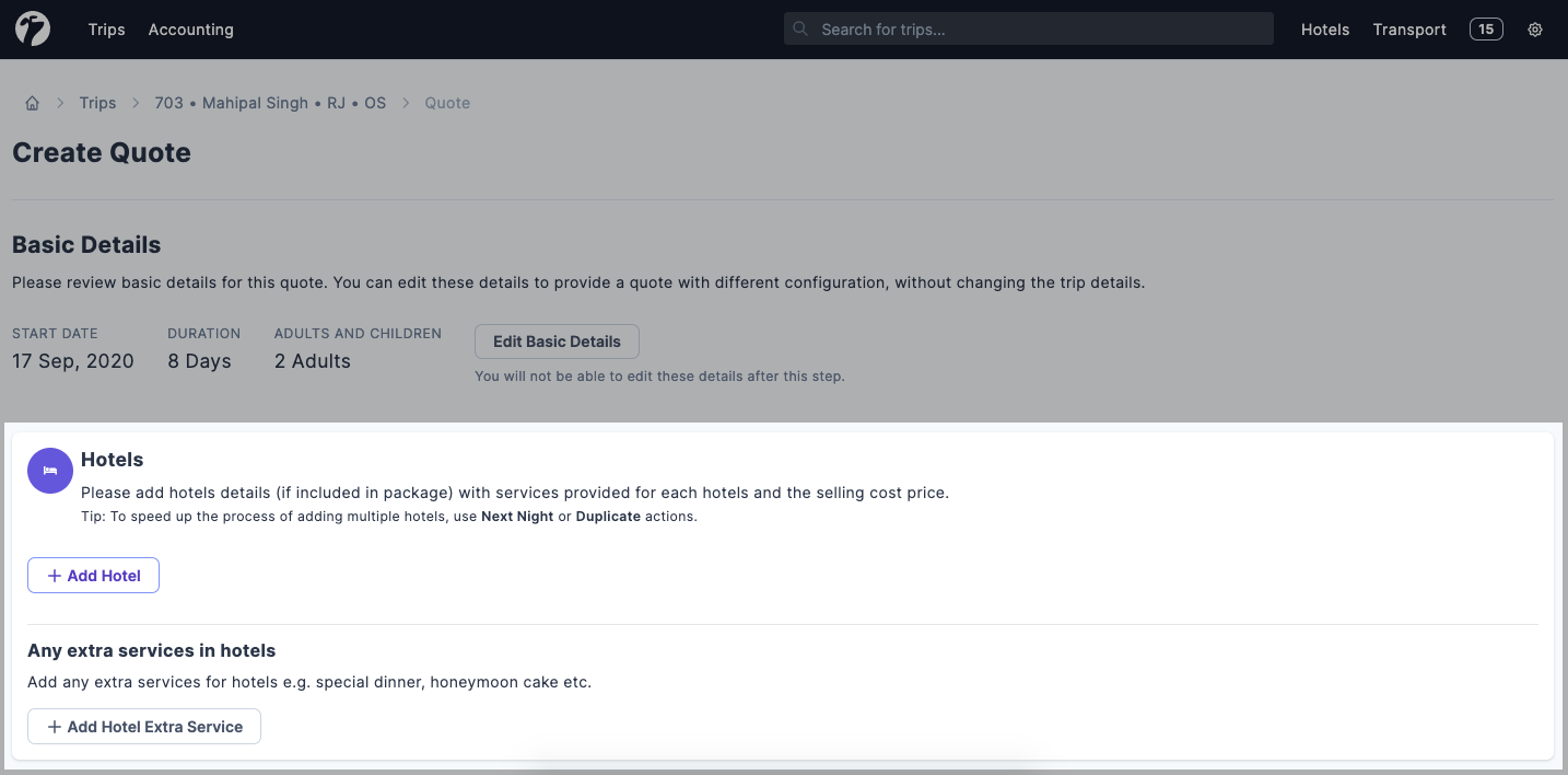 Image showing Add hotels in new Quote