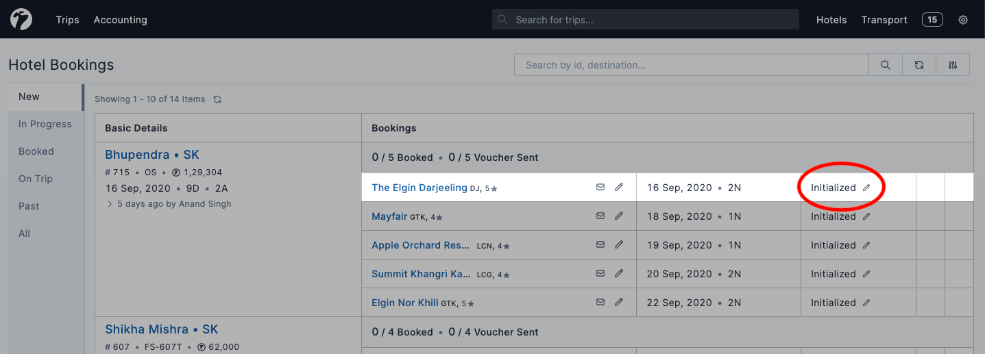 Image showing initialized hotel booking status