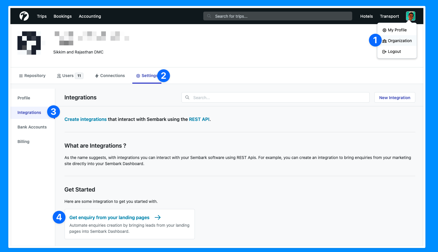Image showing Integrations Settings Page
