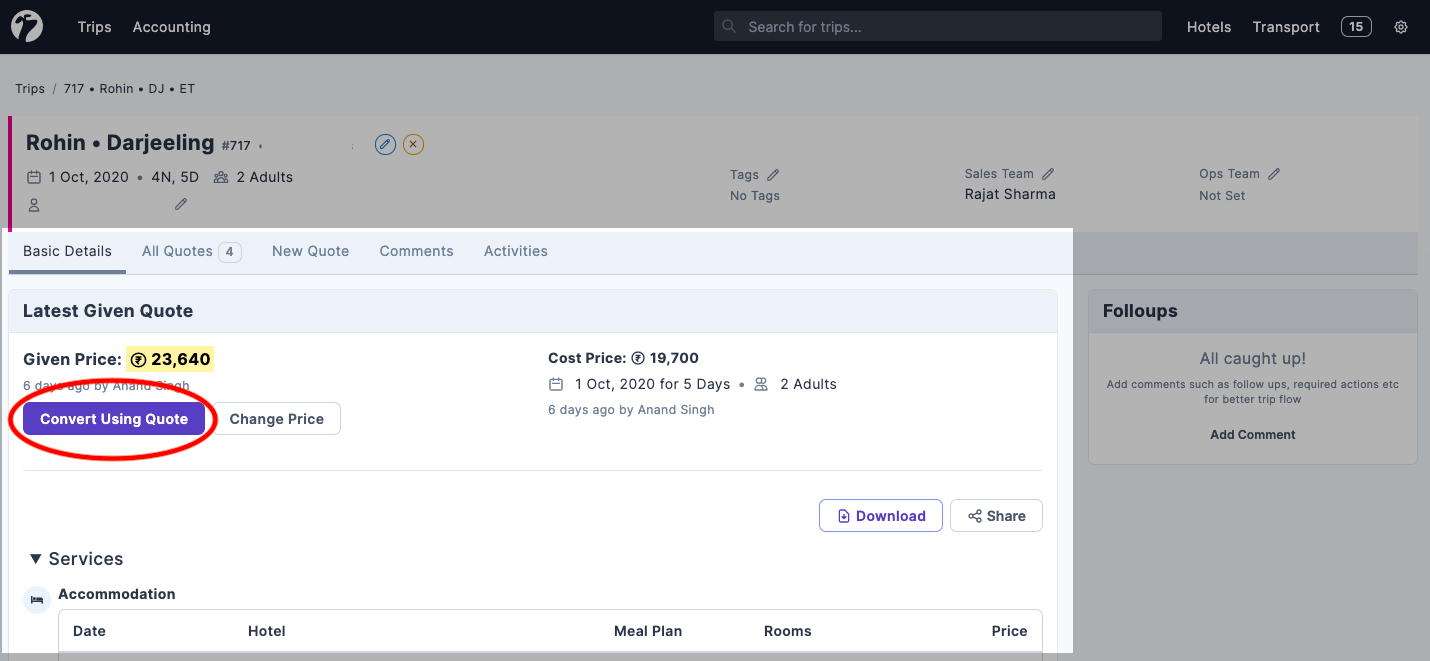 Image showing option to select a quote for conversion