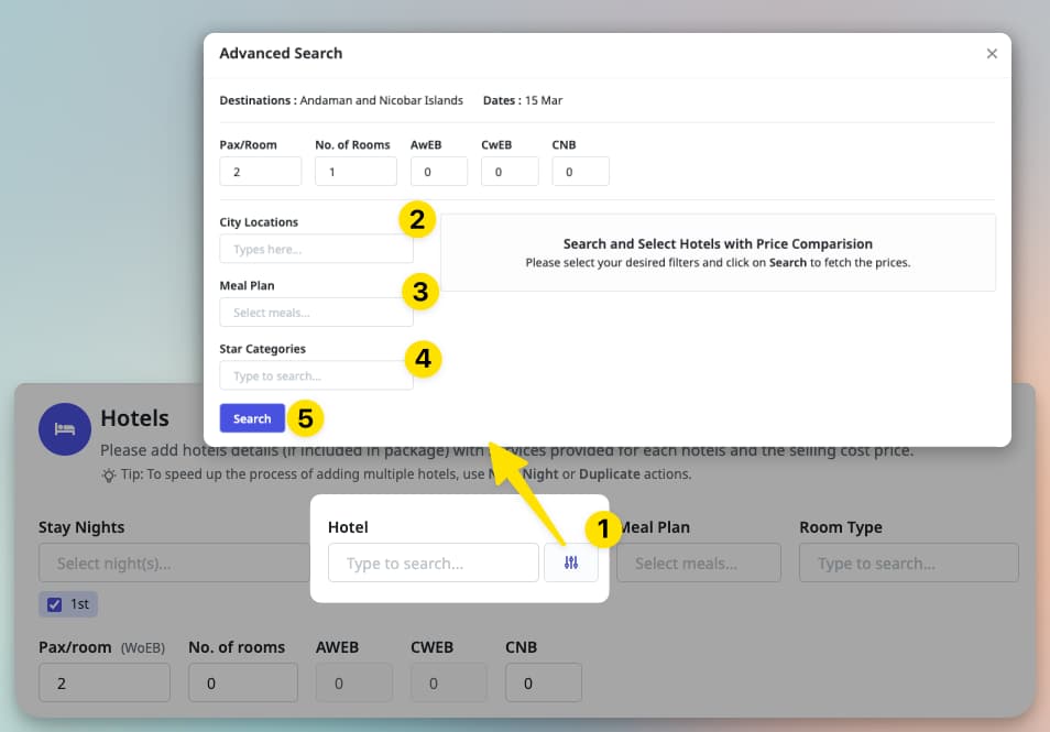 Image showing hotels advanced search during quote creation