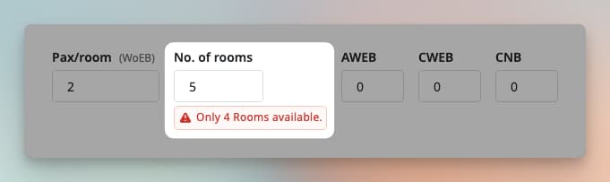 Image showing warning in hotels during quote creation when quantity exceeds available number of room