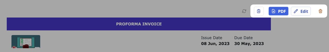 Image showing toolbar actions on an Invoice