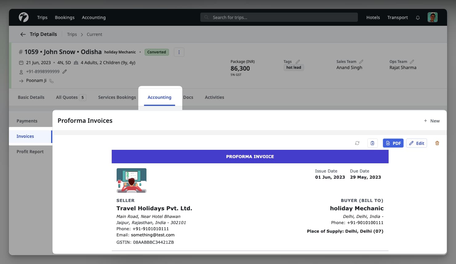 Image showing Proforma Invoices Tab on Trip's Details Page