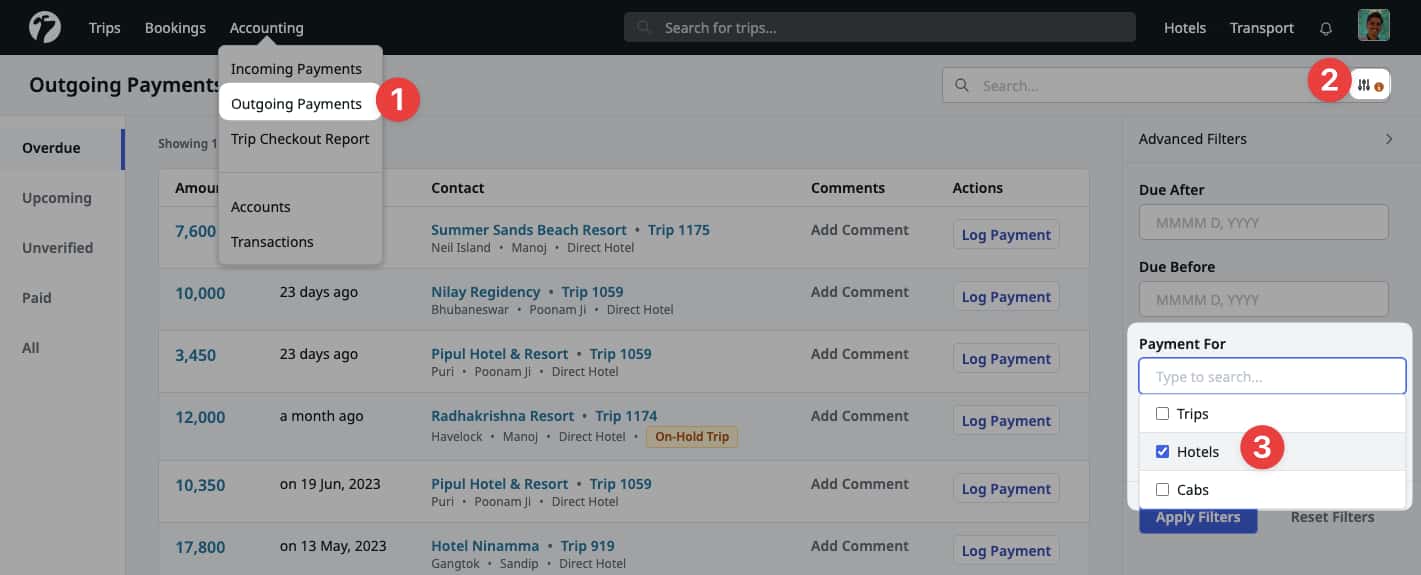 Image showing Payments For: Hotels filter in Outgoing Payments