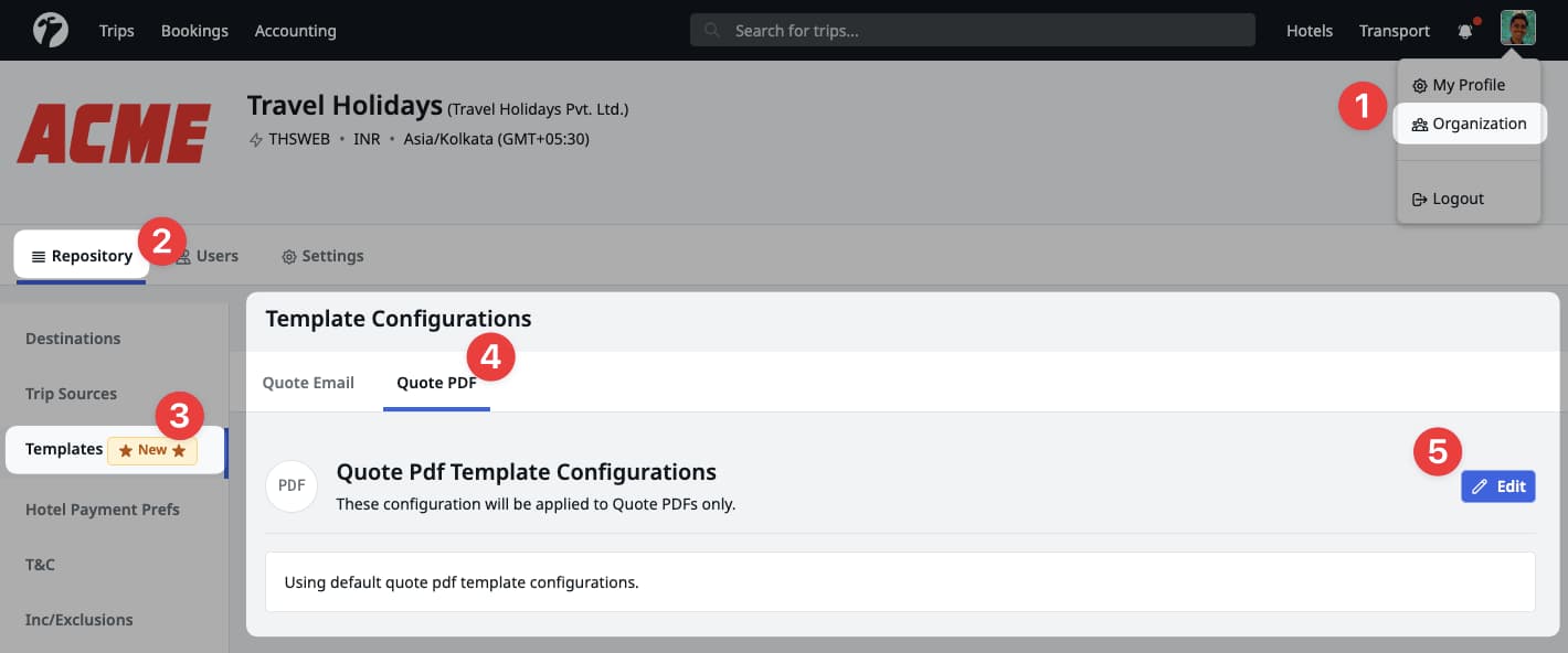 Image showing steps for editing quote pdf settings Image showing steps for editing quote pdf settings