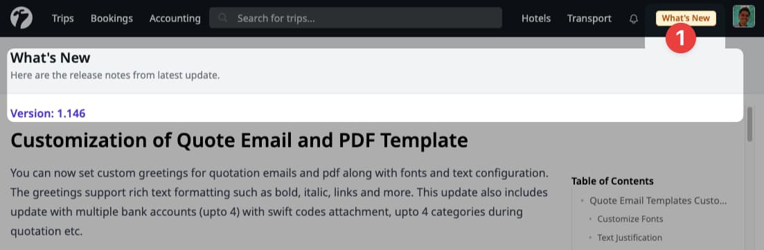 Image showing release notes inside the application