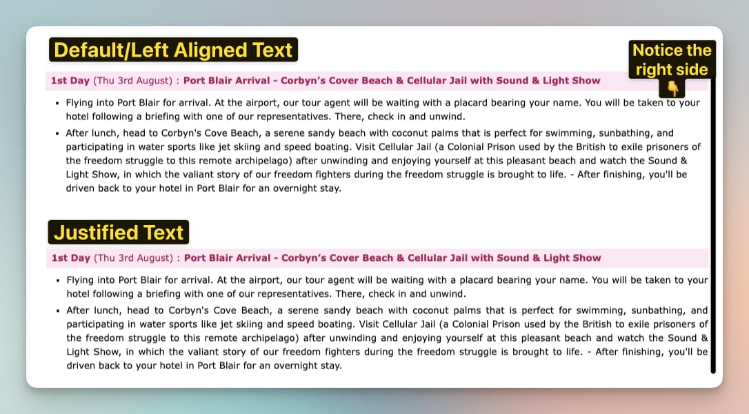 Image showing left-aligned vs justified text