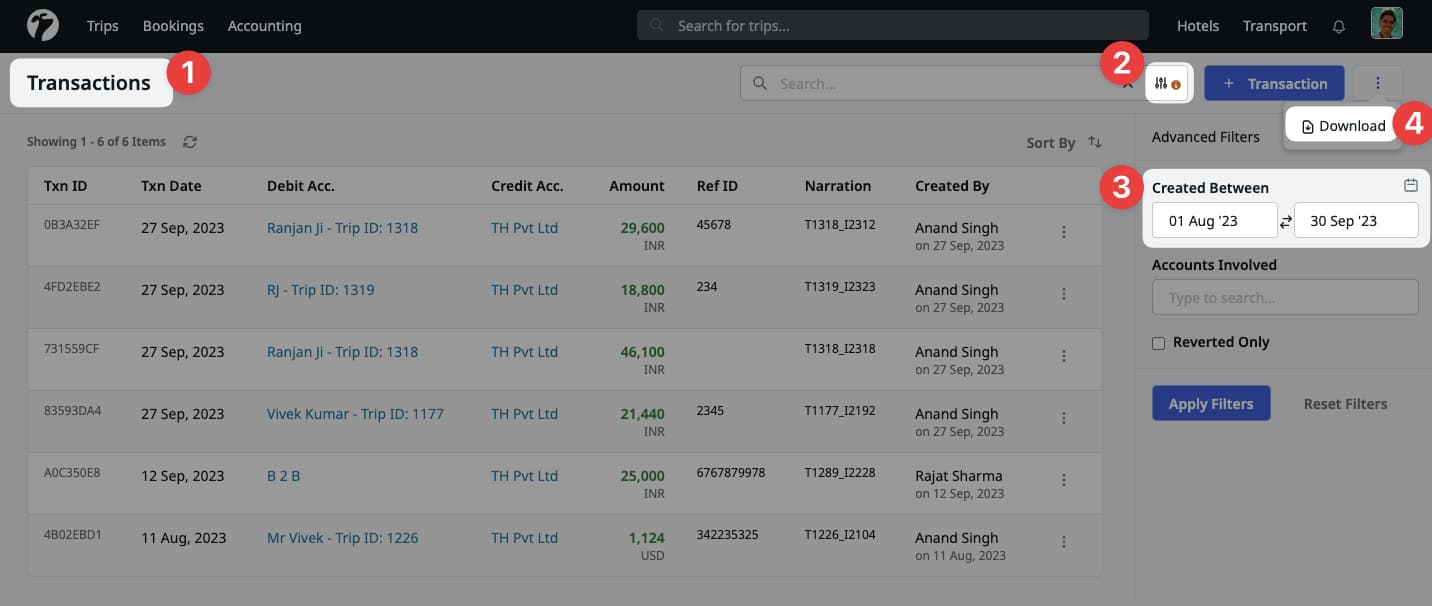 Image showing process to download as excel for Accounting Transactions