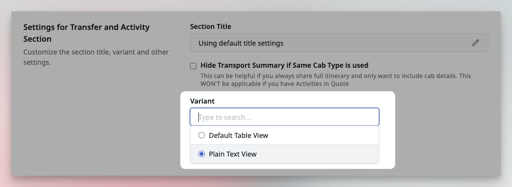 Image showing selection menu to change the variant of Transport and Activities section.
