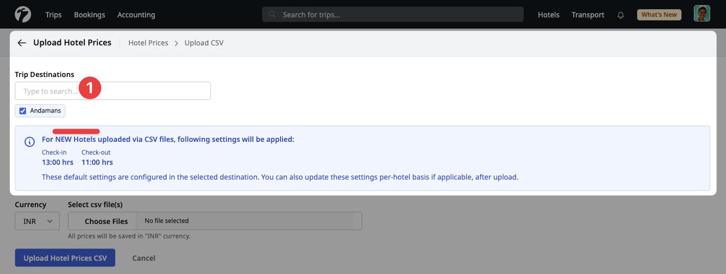 Image showing Trip's Destinations check-in/out settings during hotel's price upload