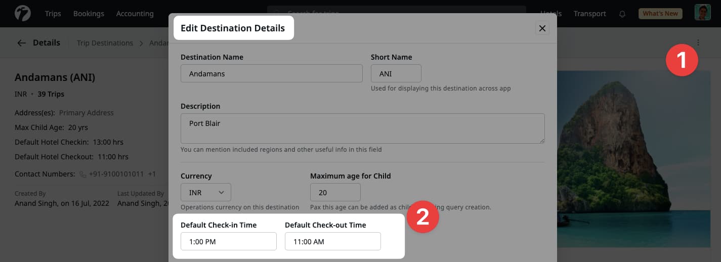 Image showing check-in and check-out setting on Trip Destination Editing Page