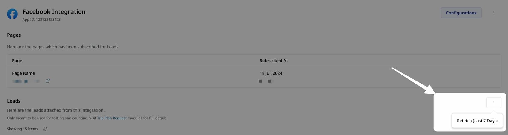 Image showing sync button to fetch the fb leads