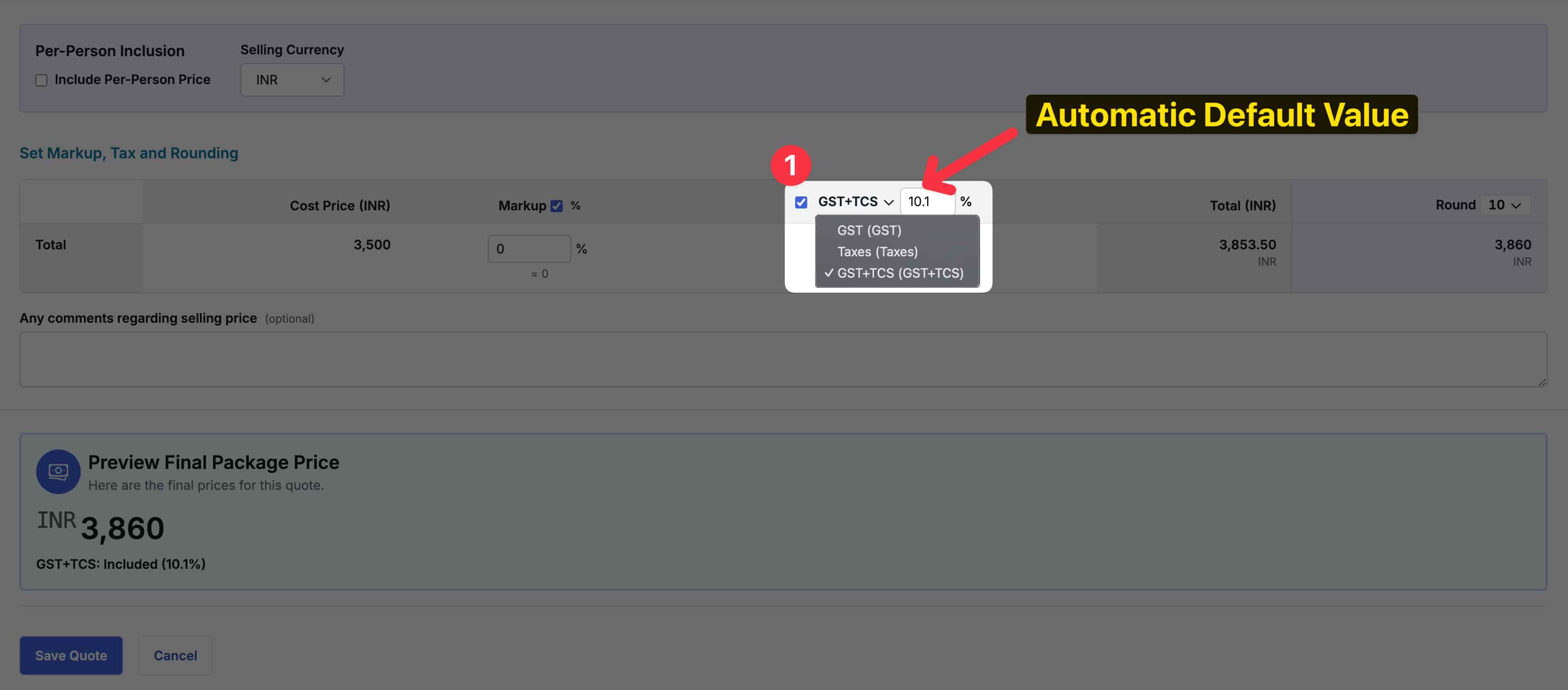 Images showing tax type selection in quotation