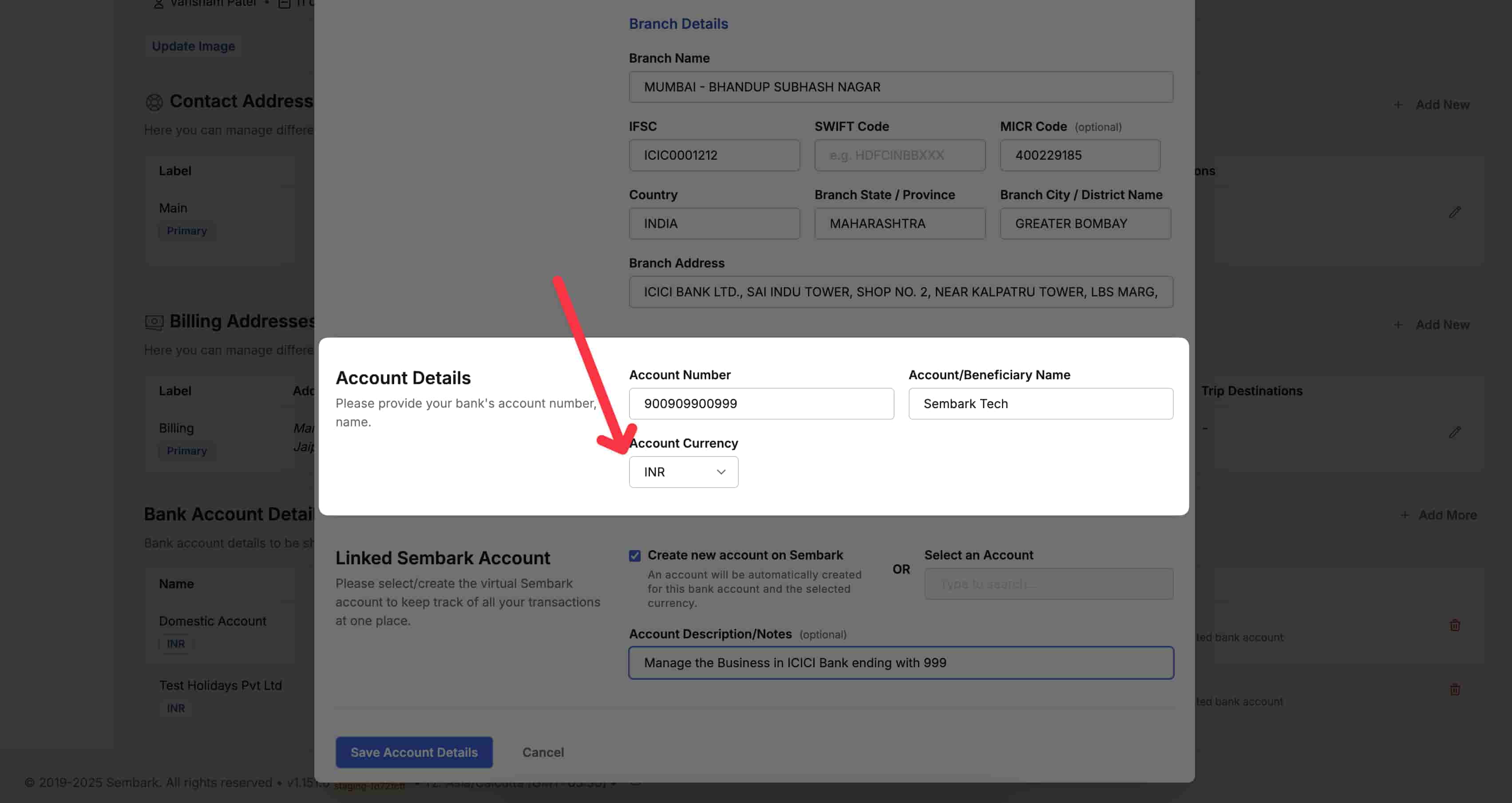 Image showing account currency doing bank account creation