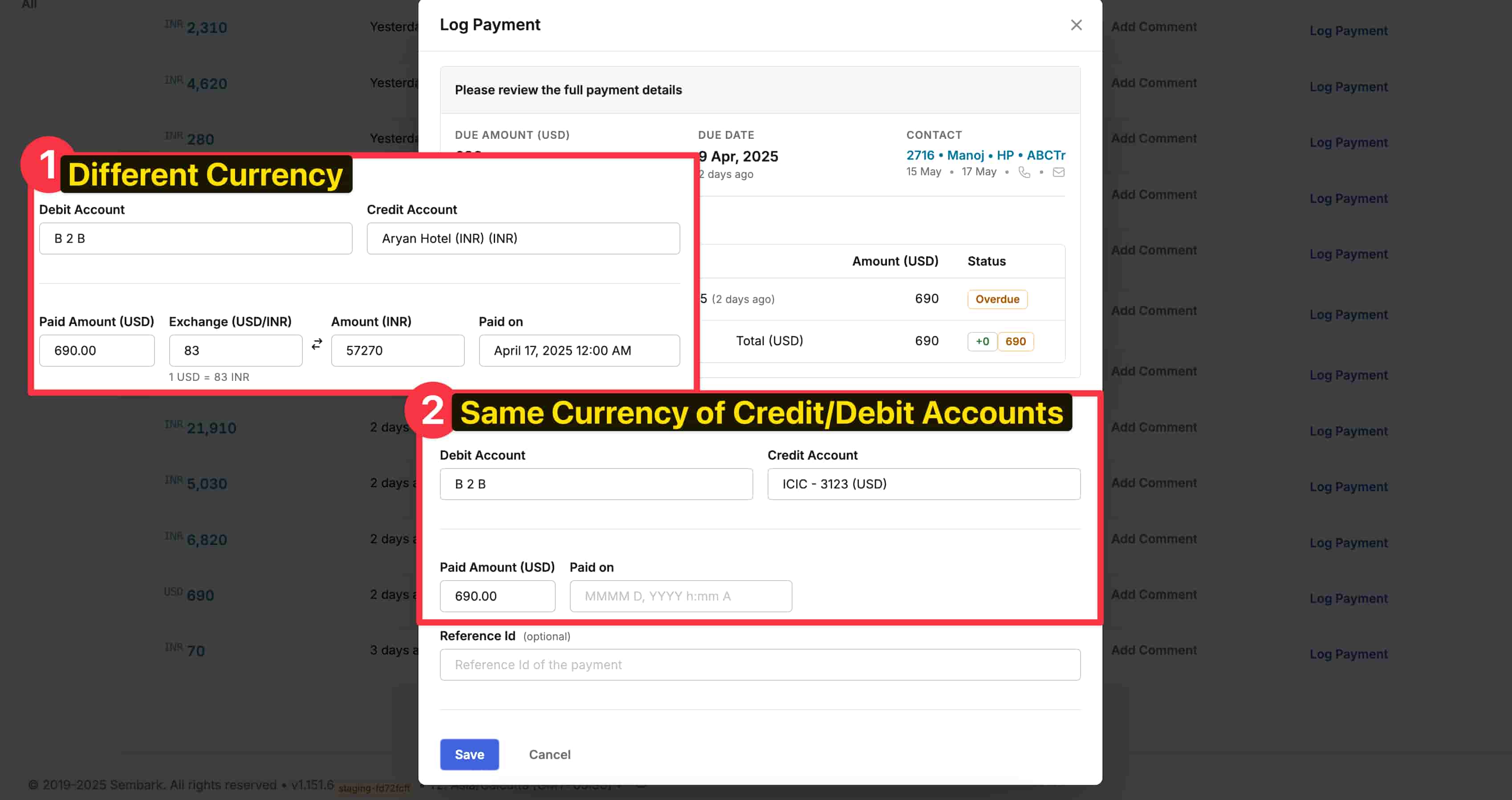 Image showing same and different account currencies during payment transactions