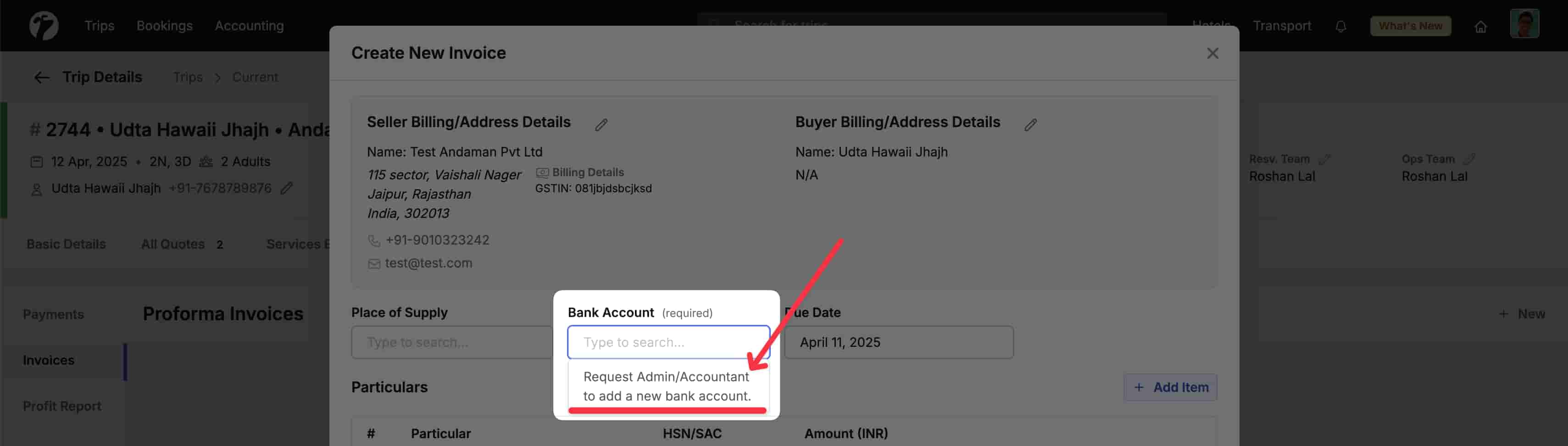 Image showing guidelines to add bank account on invoice creation page