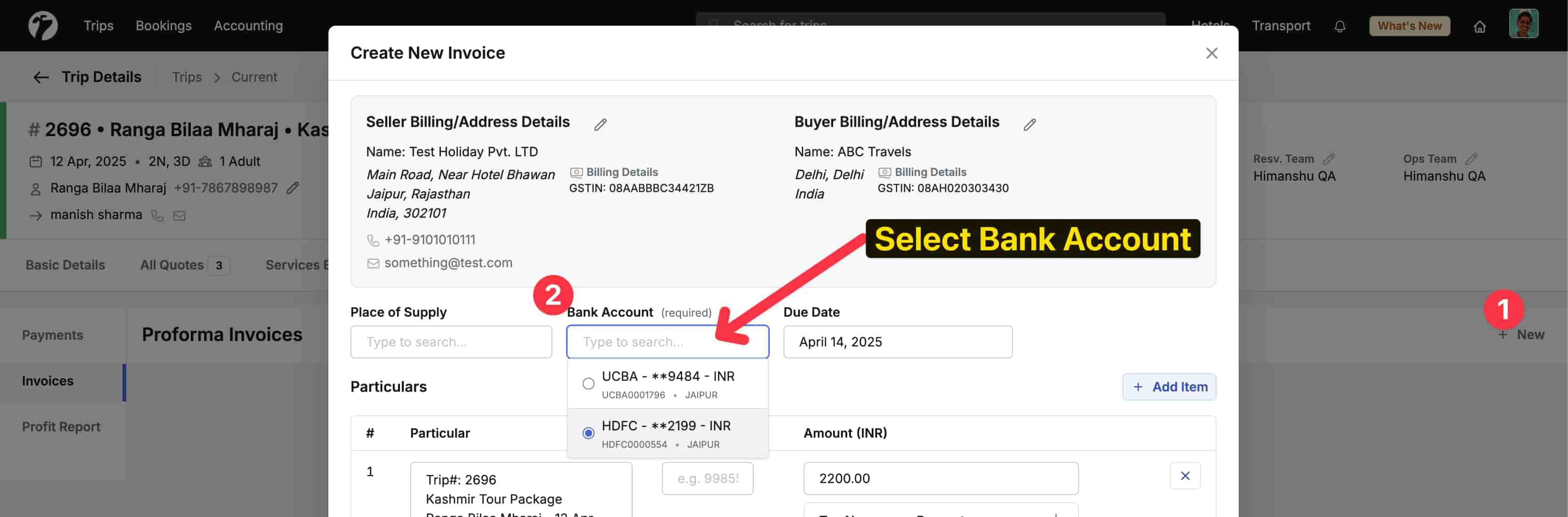 Image showing bank account selection of Invoice Creation Page