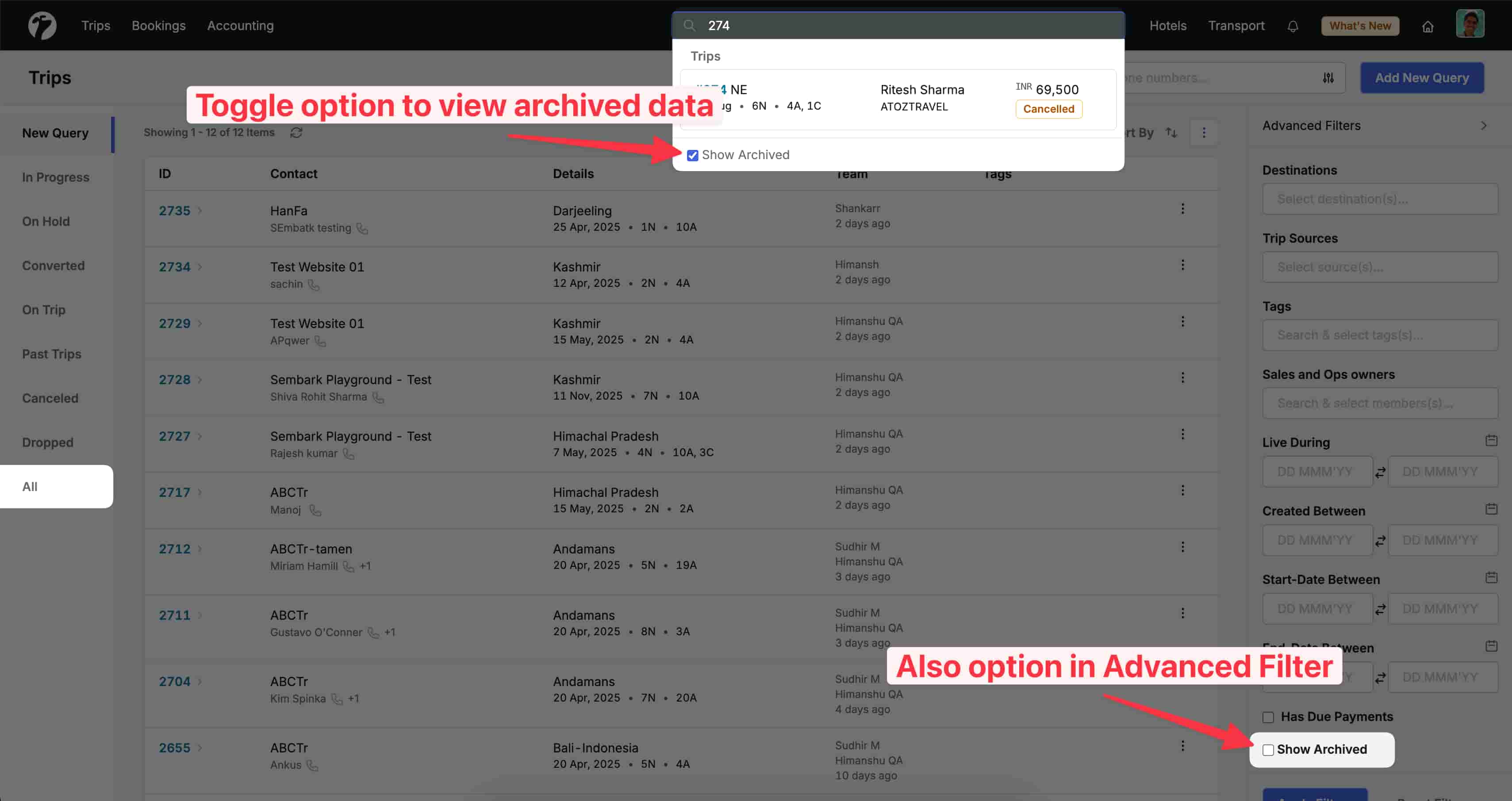 Image showing archived trips filter in Global Search and Advanced Filters