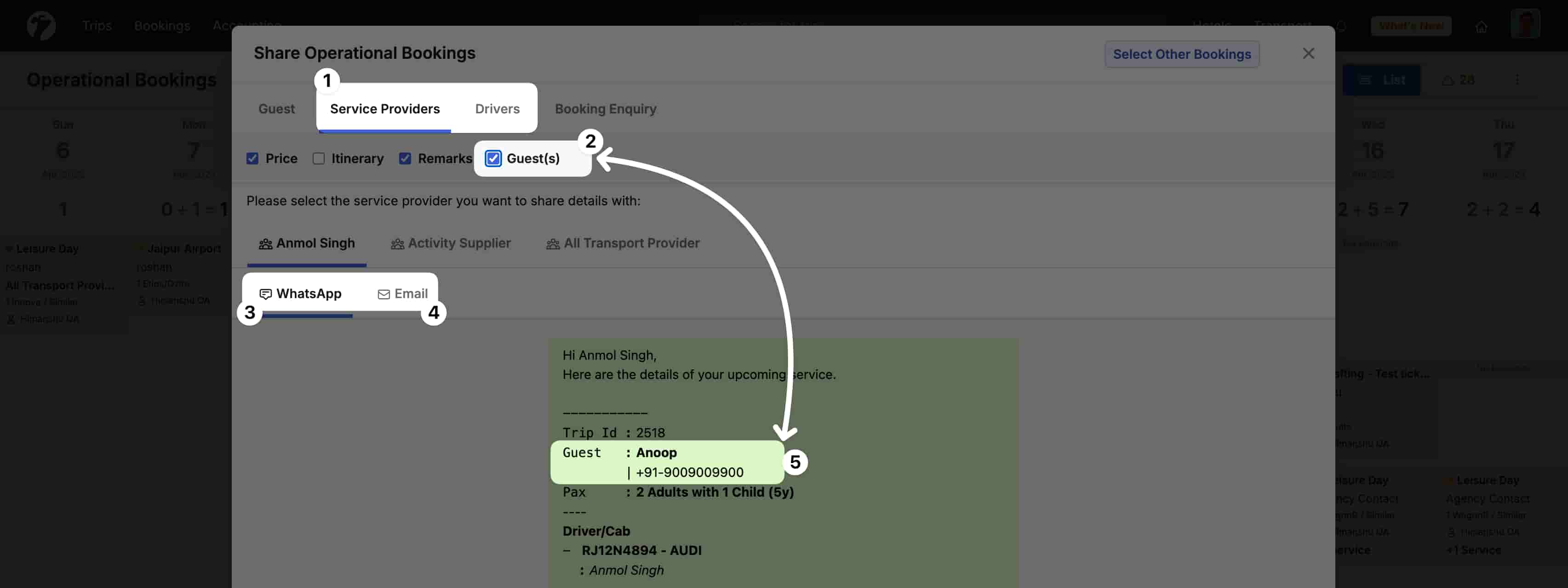 Image showing inclusion/exclusion option for Guest Details in Trip Operations Sharing