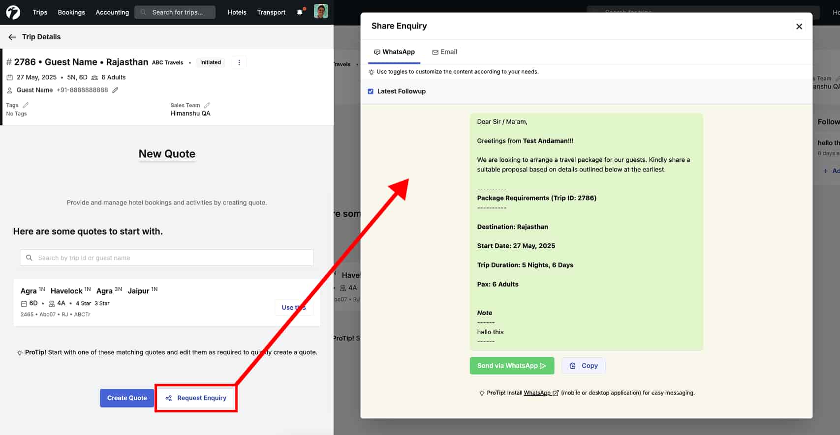 Image showing quote inquiry whatsapp content from new quote