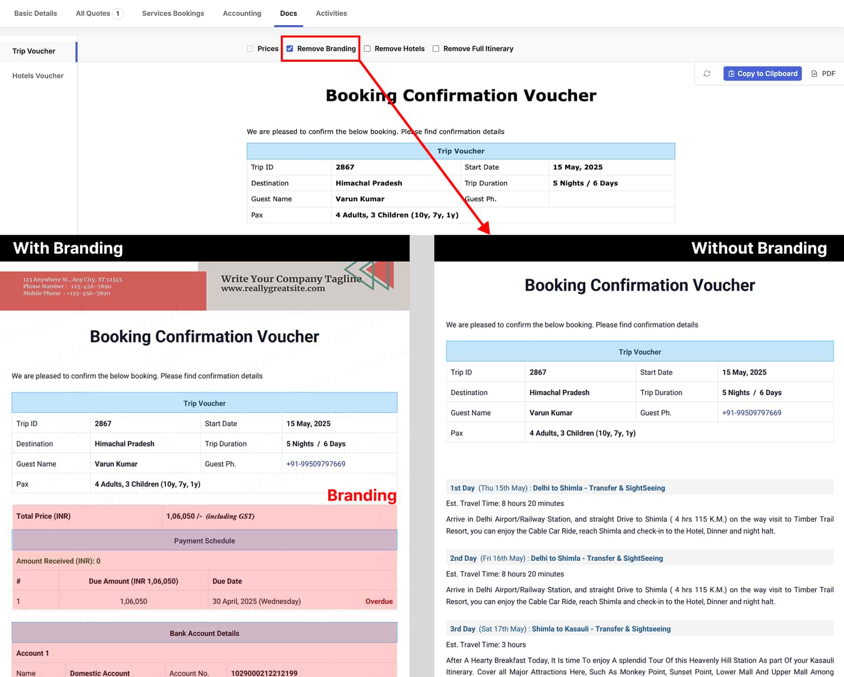Image showing remove banding option on Trip Voucher
