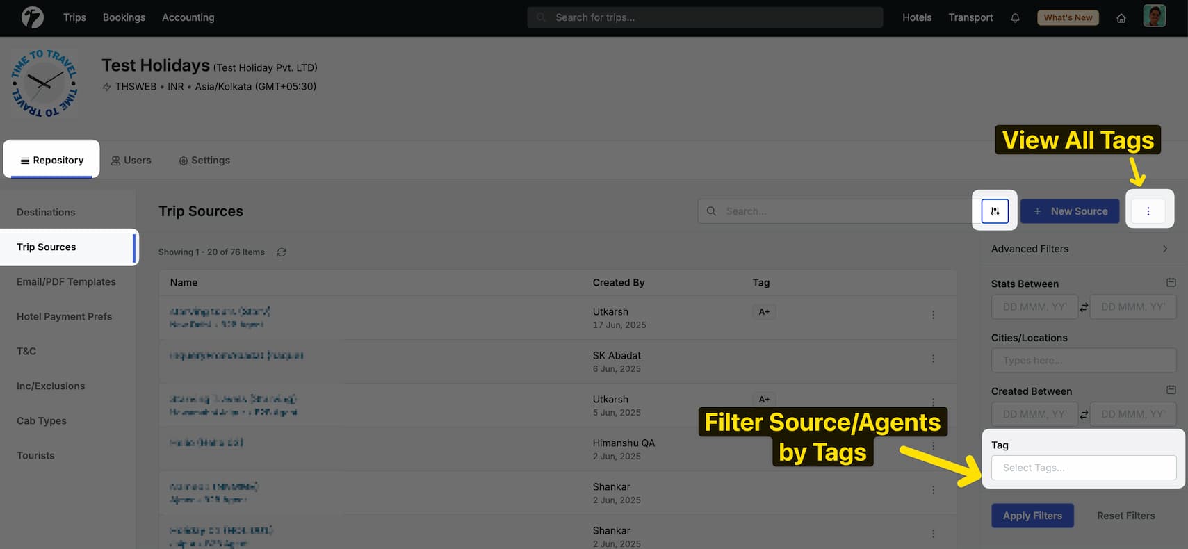 Image showing Trip Source Tags in Advanced Filter and Action to view the Tags Listing