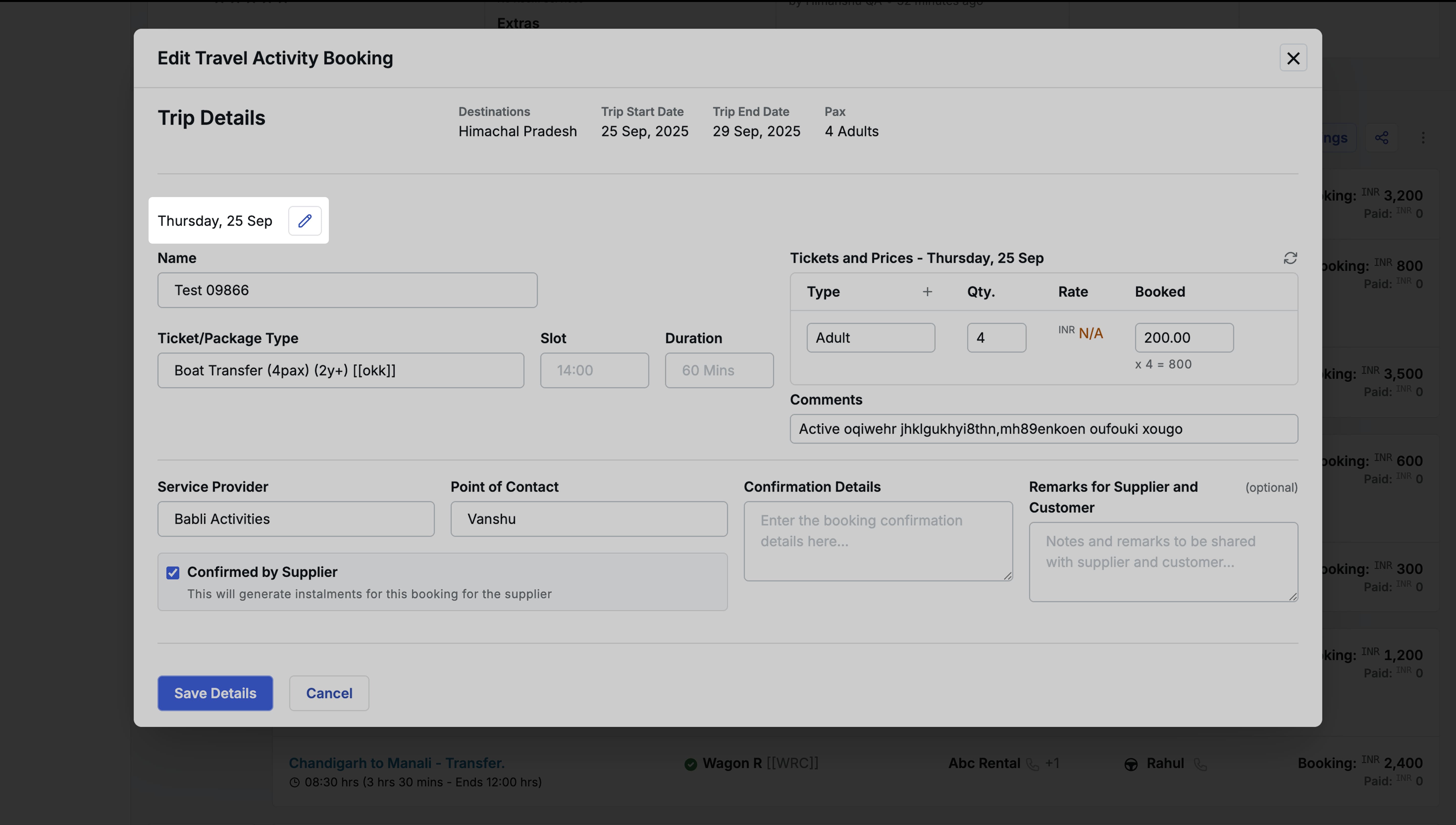 Image showing editing of travel activity booking date
