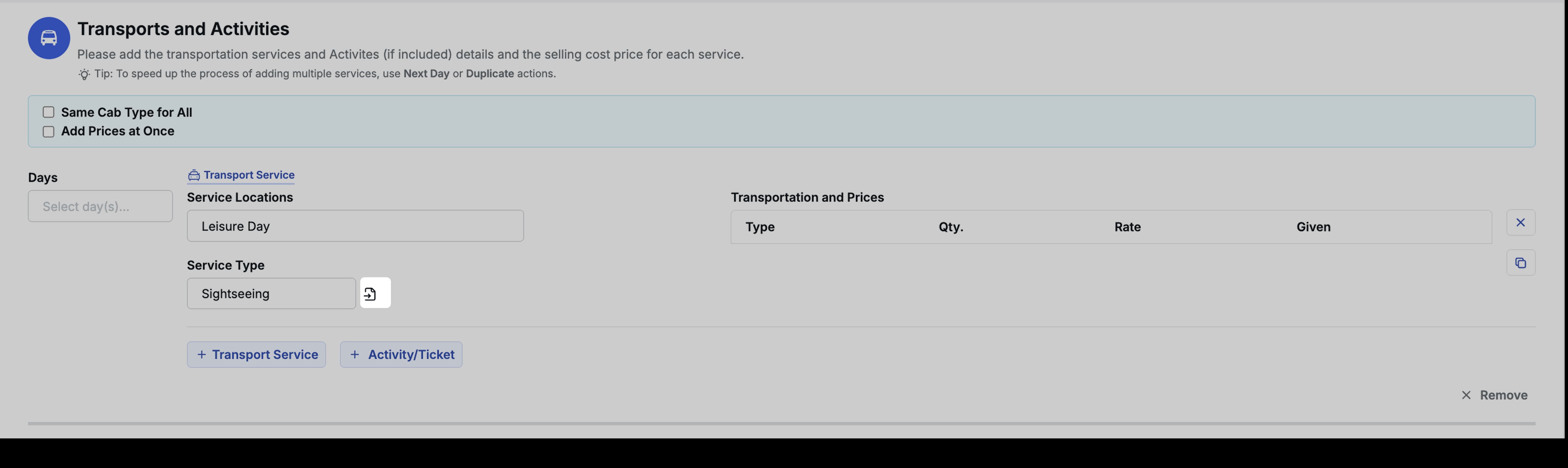 Image showing transport entry method showing during quotation 