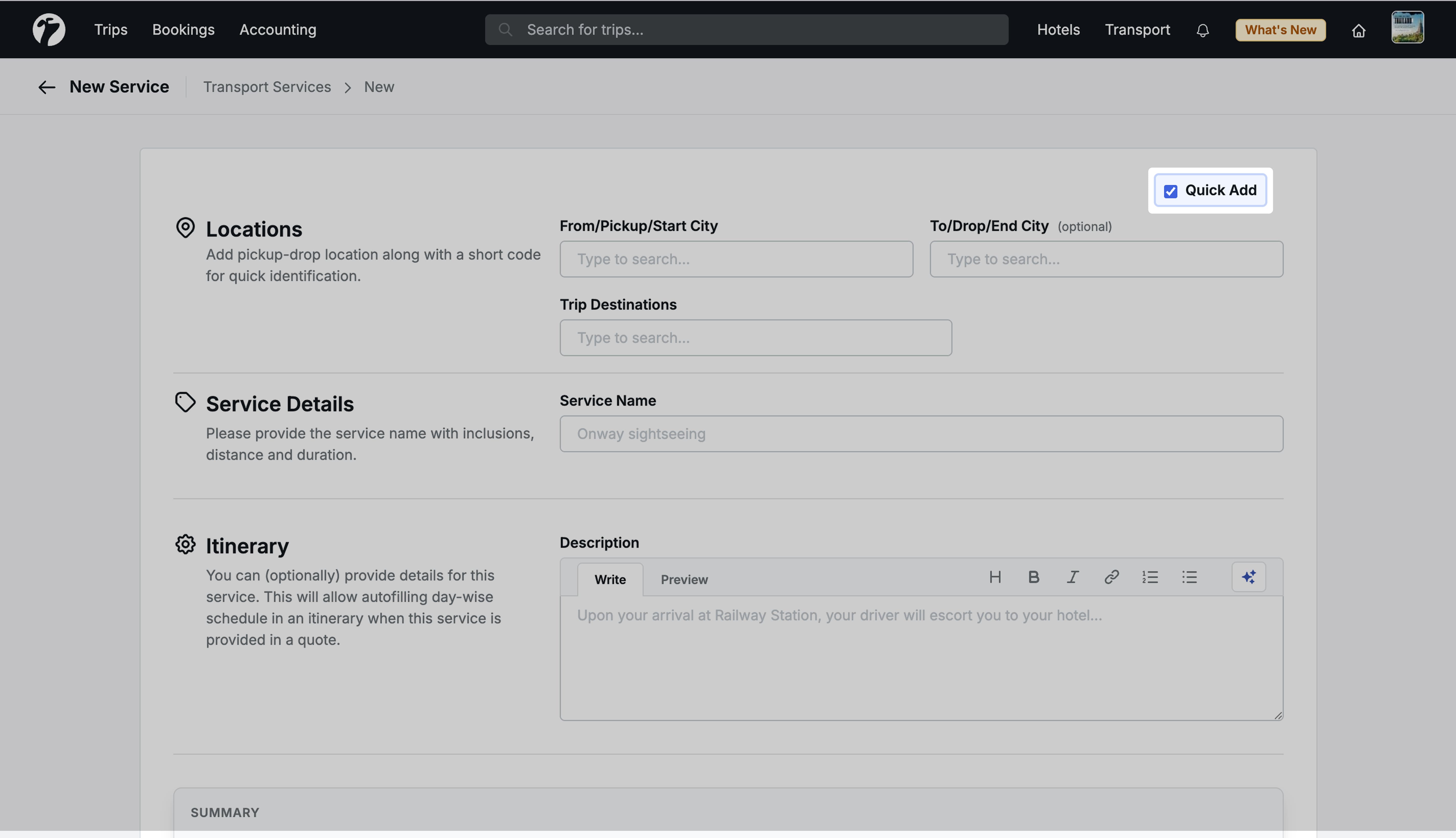 Image showing quick add for transport services