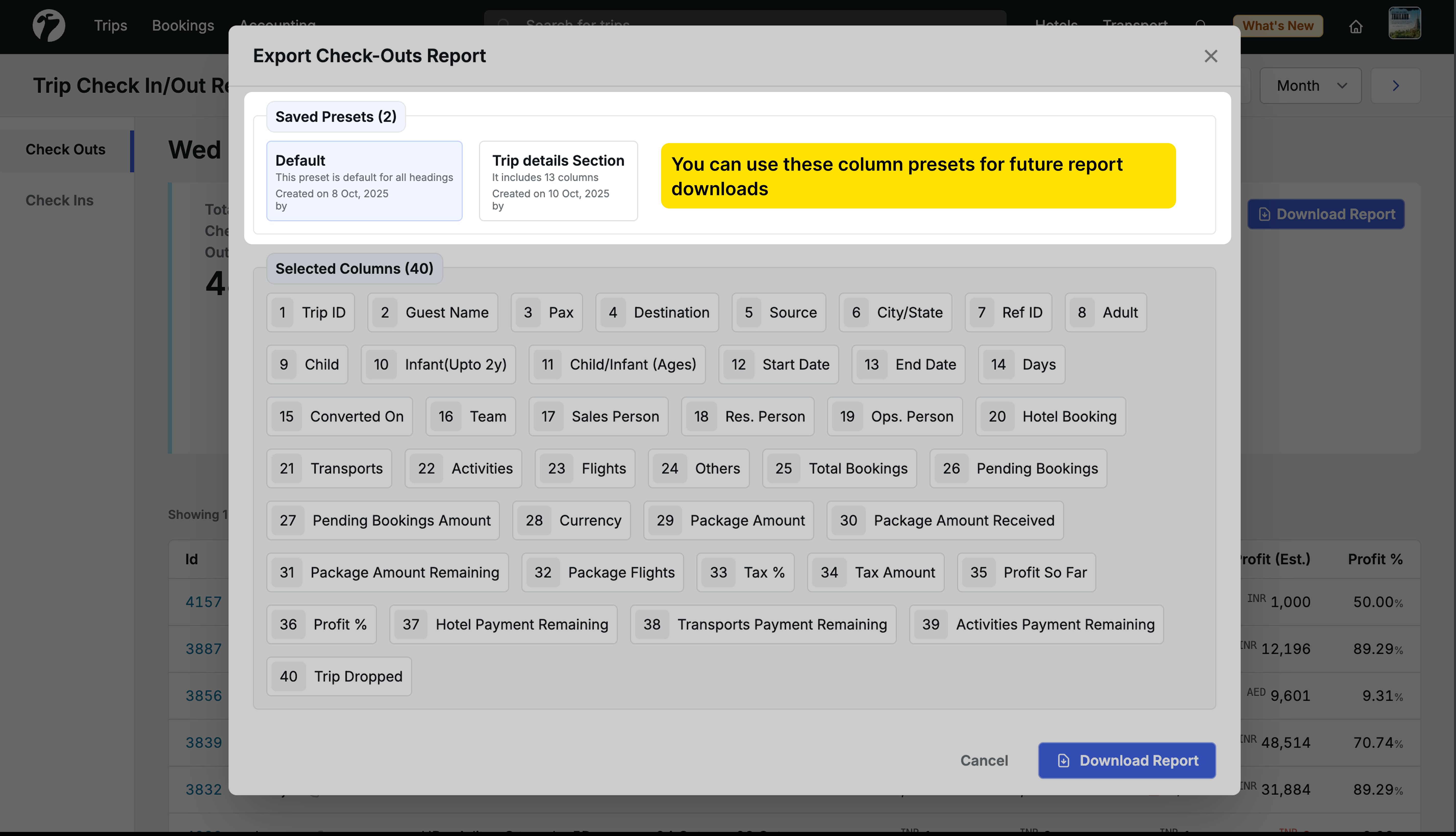 Image Showing Custom Column Presets