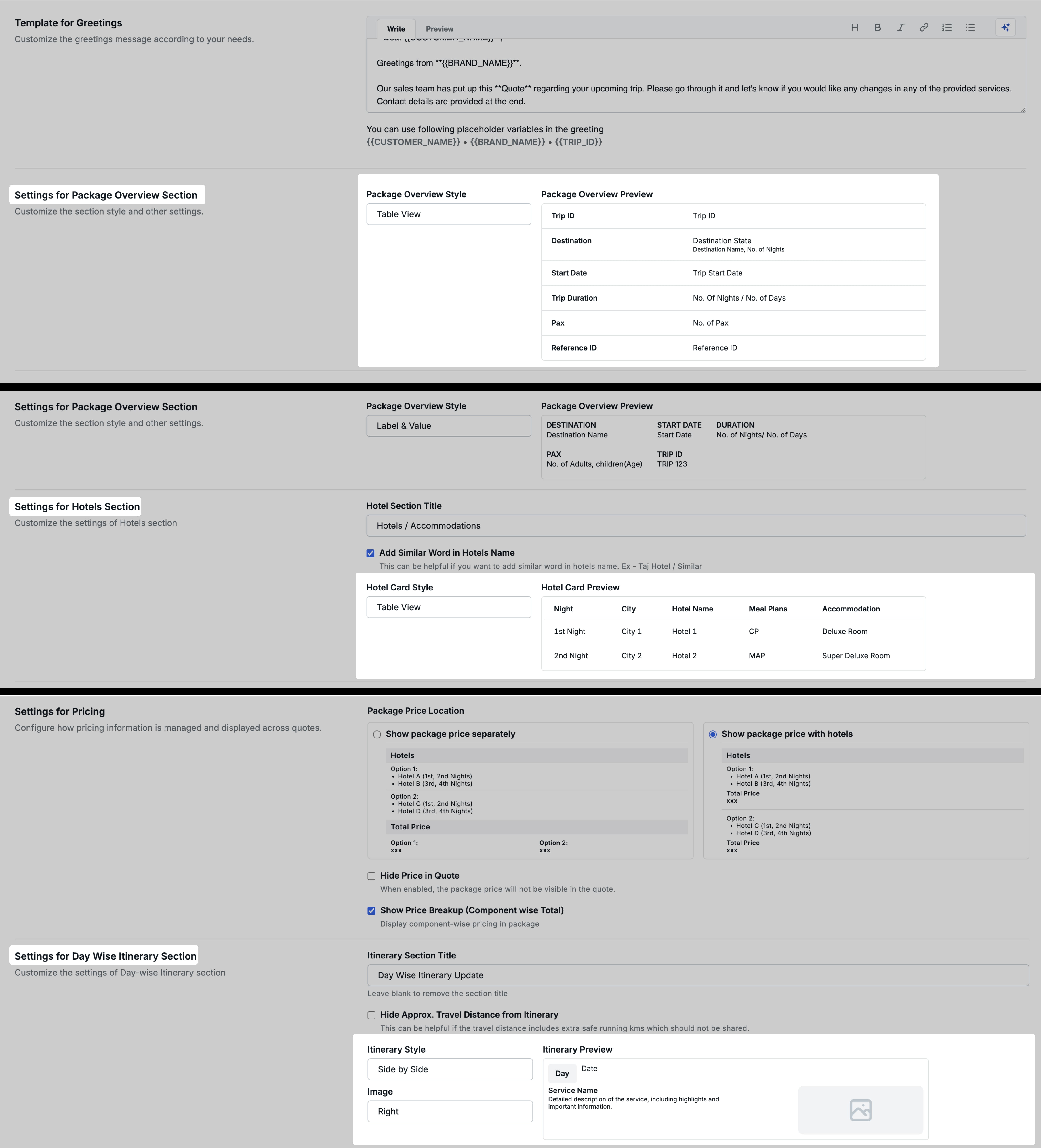 image showing section settings with preview panels for Overview, Hotels, and Itinerary