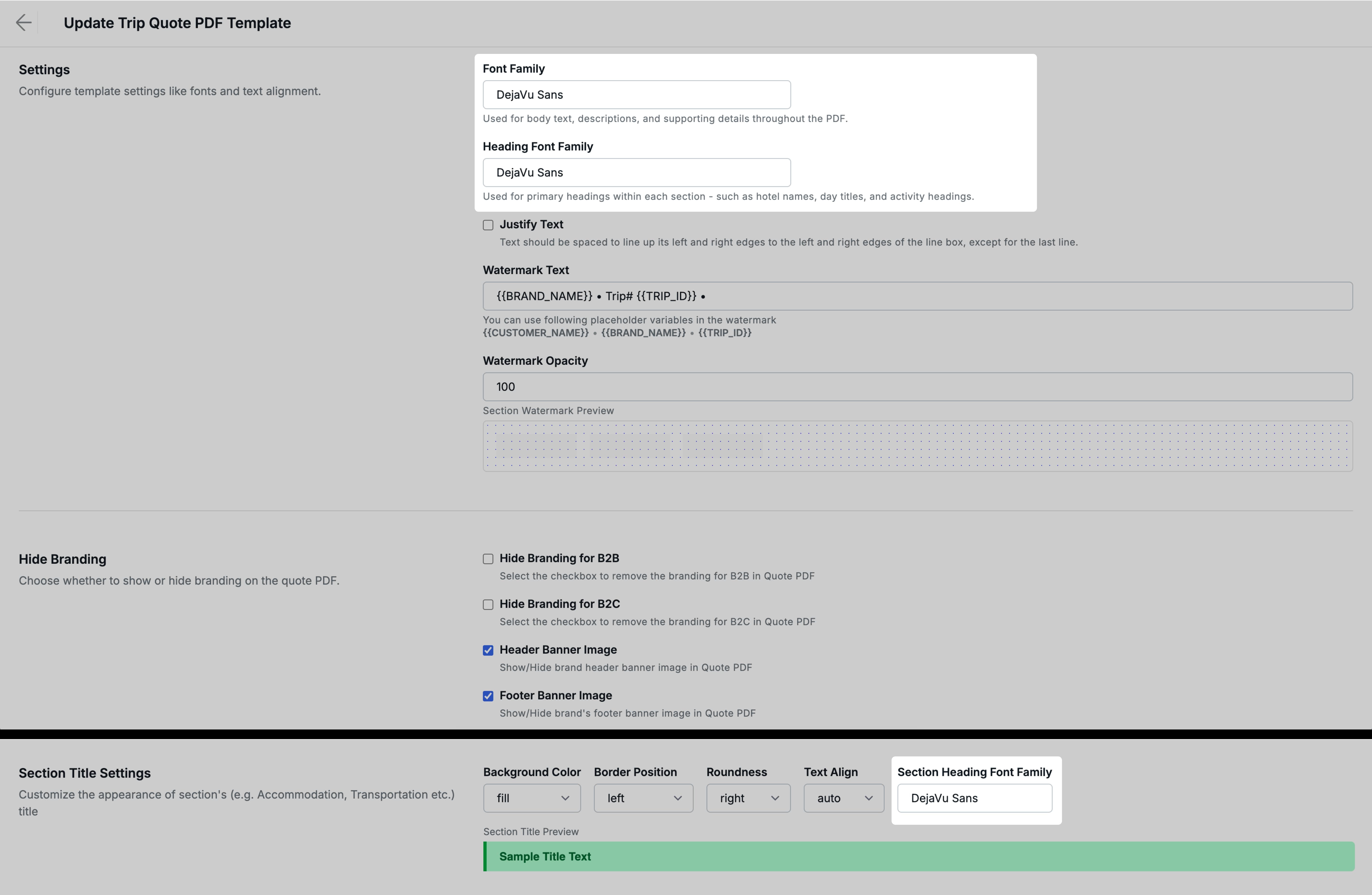Image showing the Font Family, Heading Font Family, and Section Heading Font Family settings