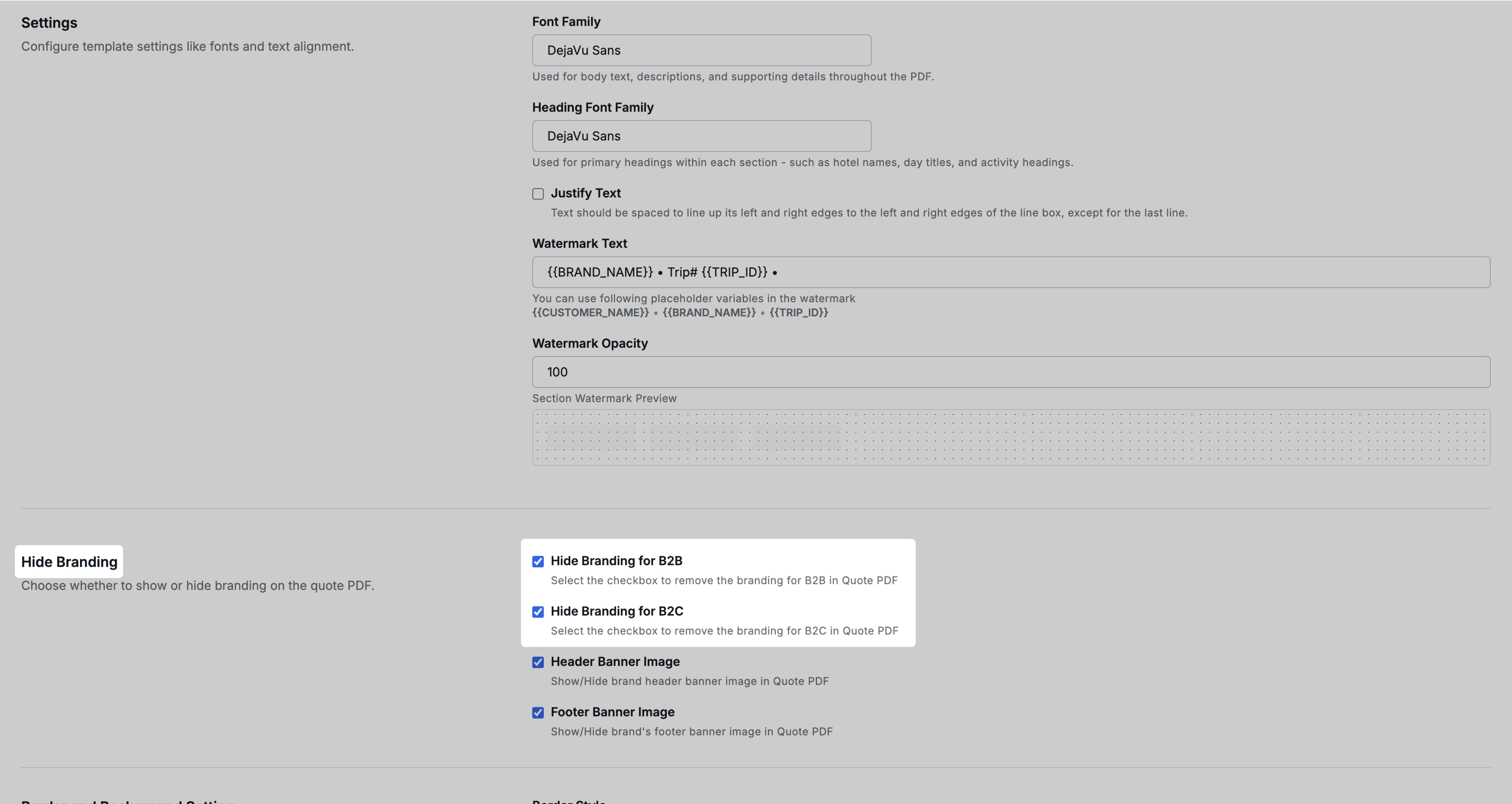 Image showing the Hide Branding section with the B2B and B2C checkboxes