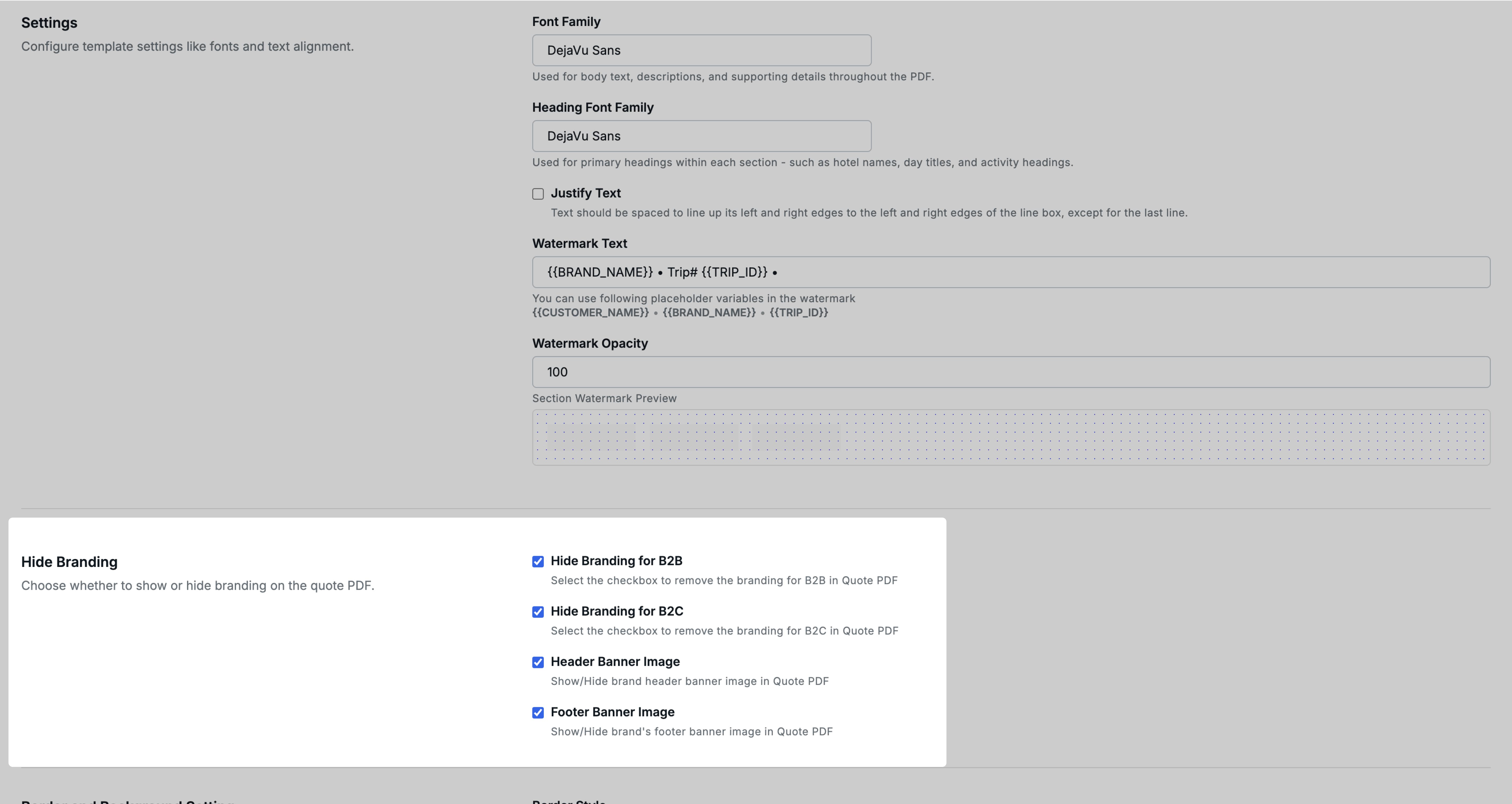 Image showing the Hide Branding settings section in the Quote PDF Template