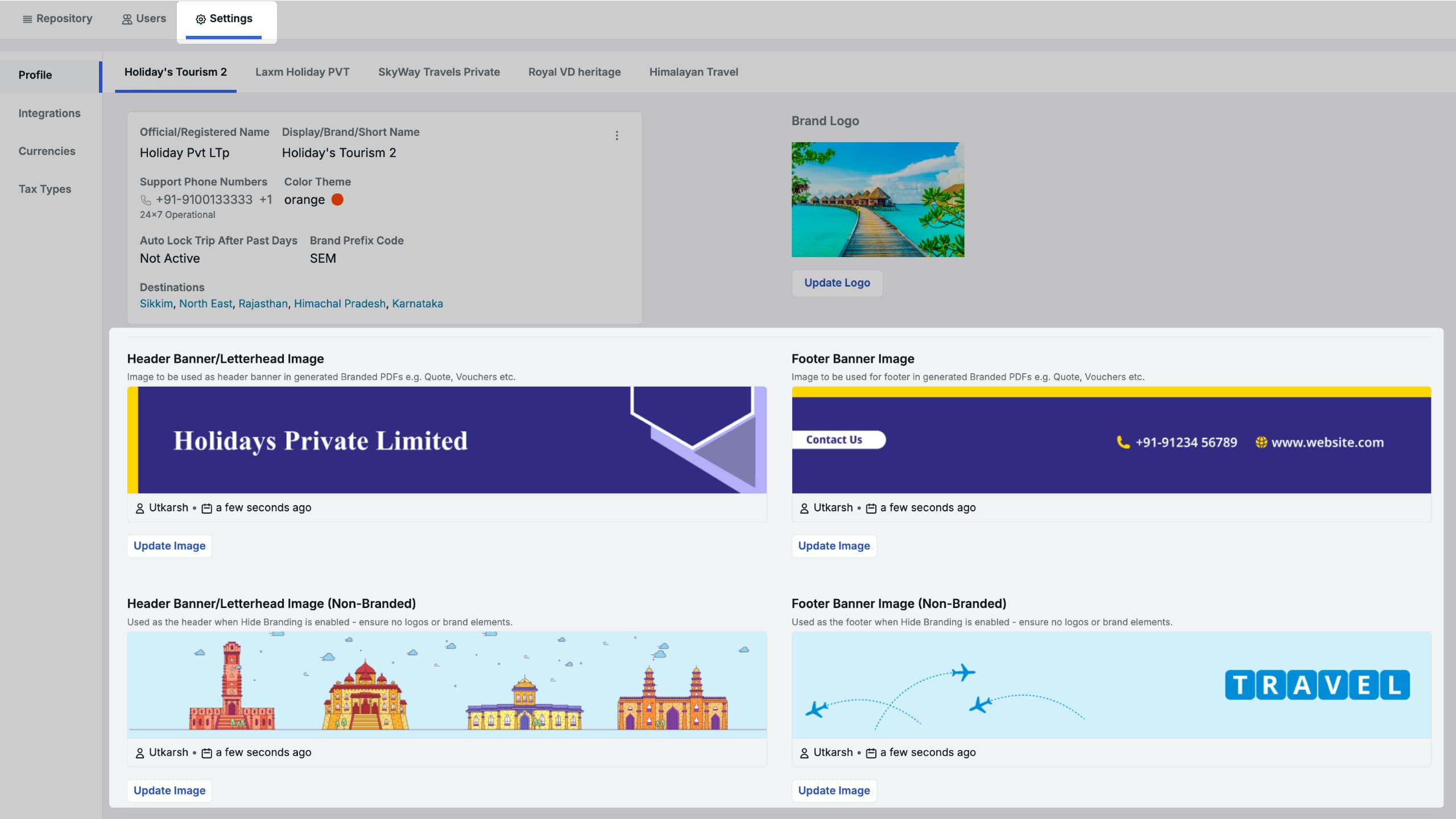 image showing the brand settings page with branded and non-branded header/footer upload fields side by side