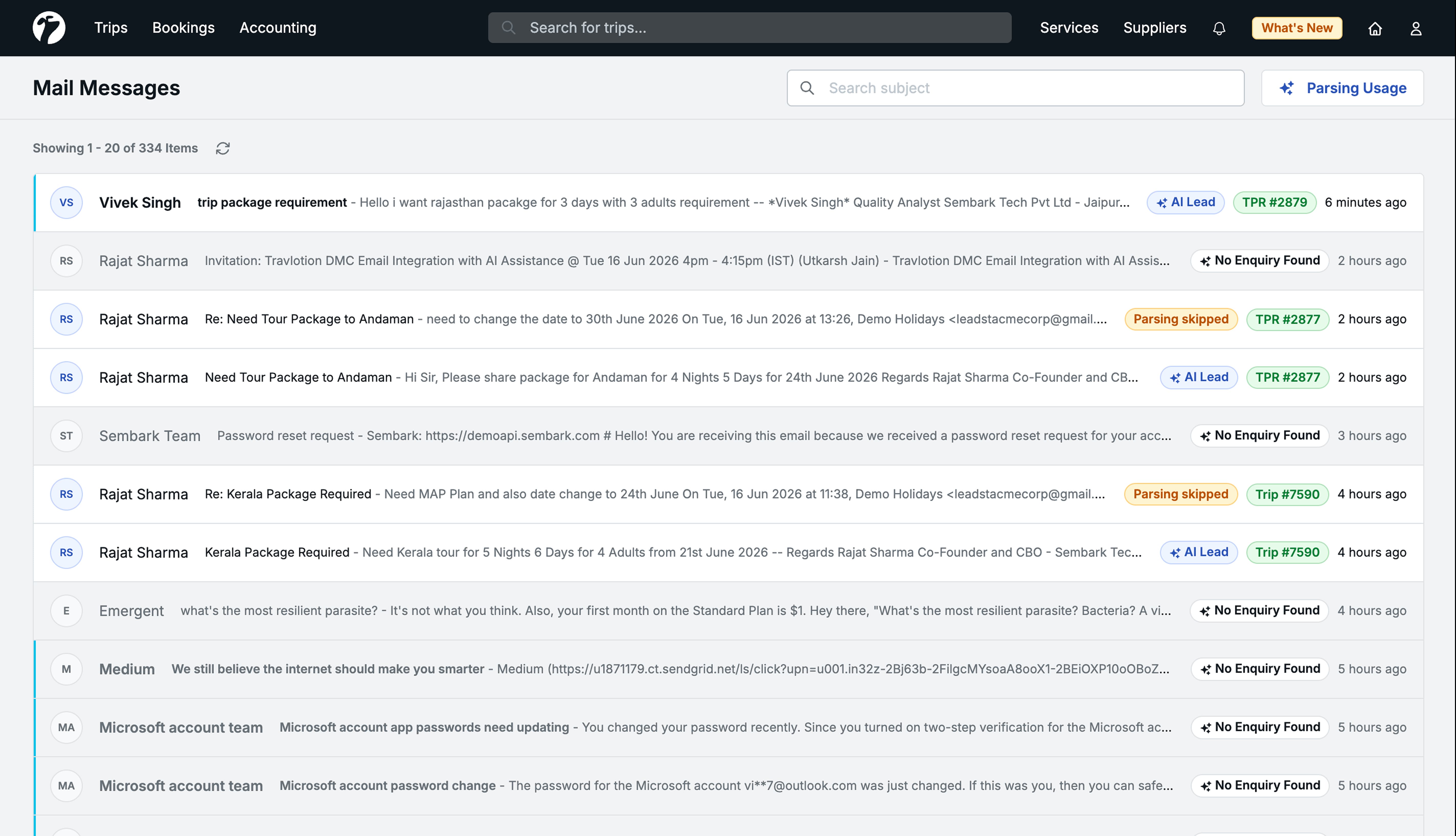 Image showing the Mail Messages page with a list of incoming emails and status labels