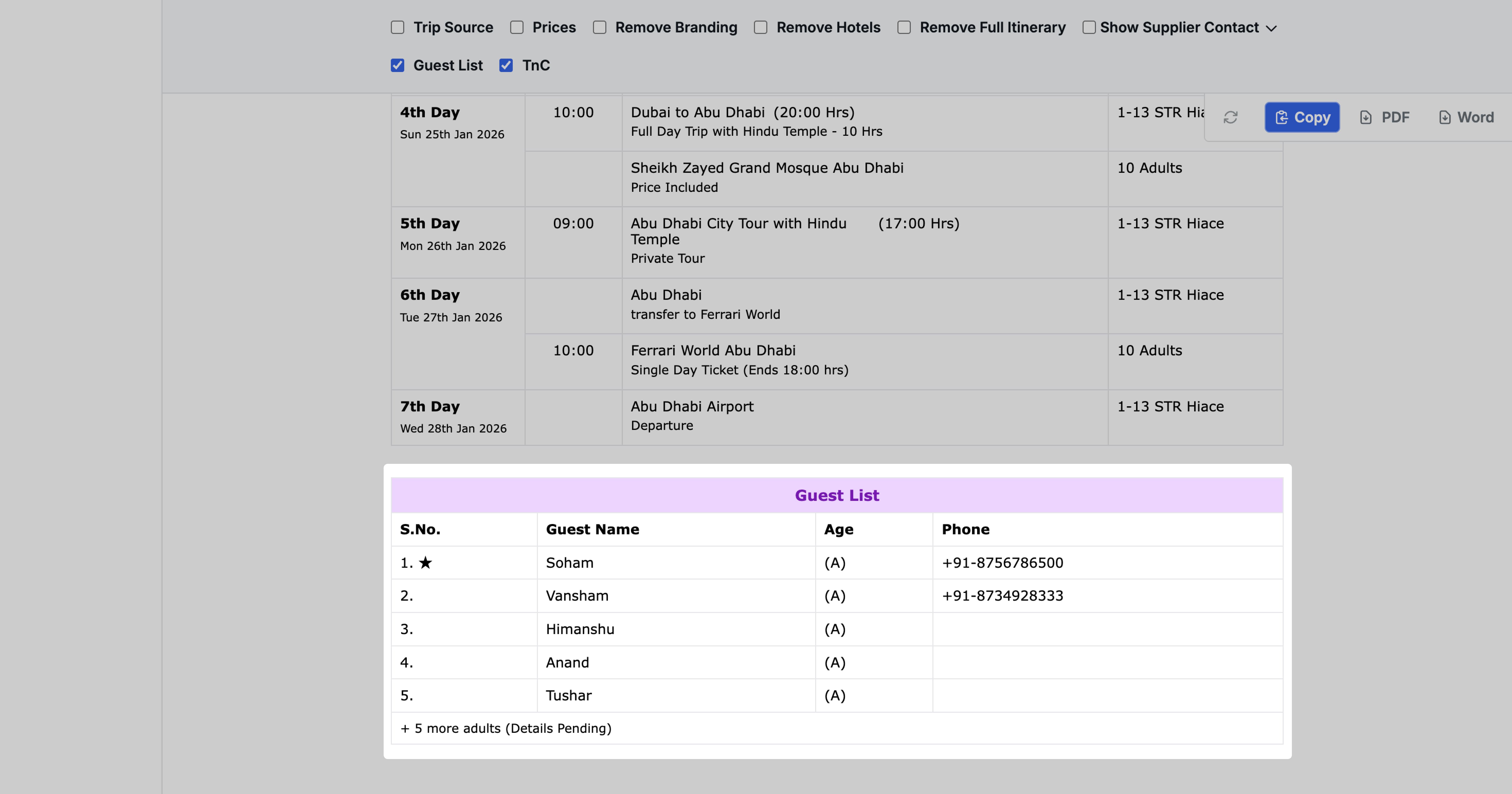 Image Showing the guest list in hotel voucher